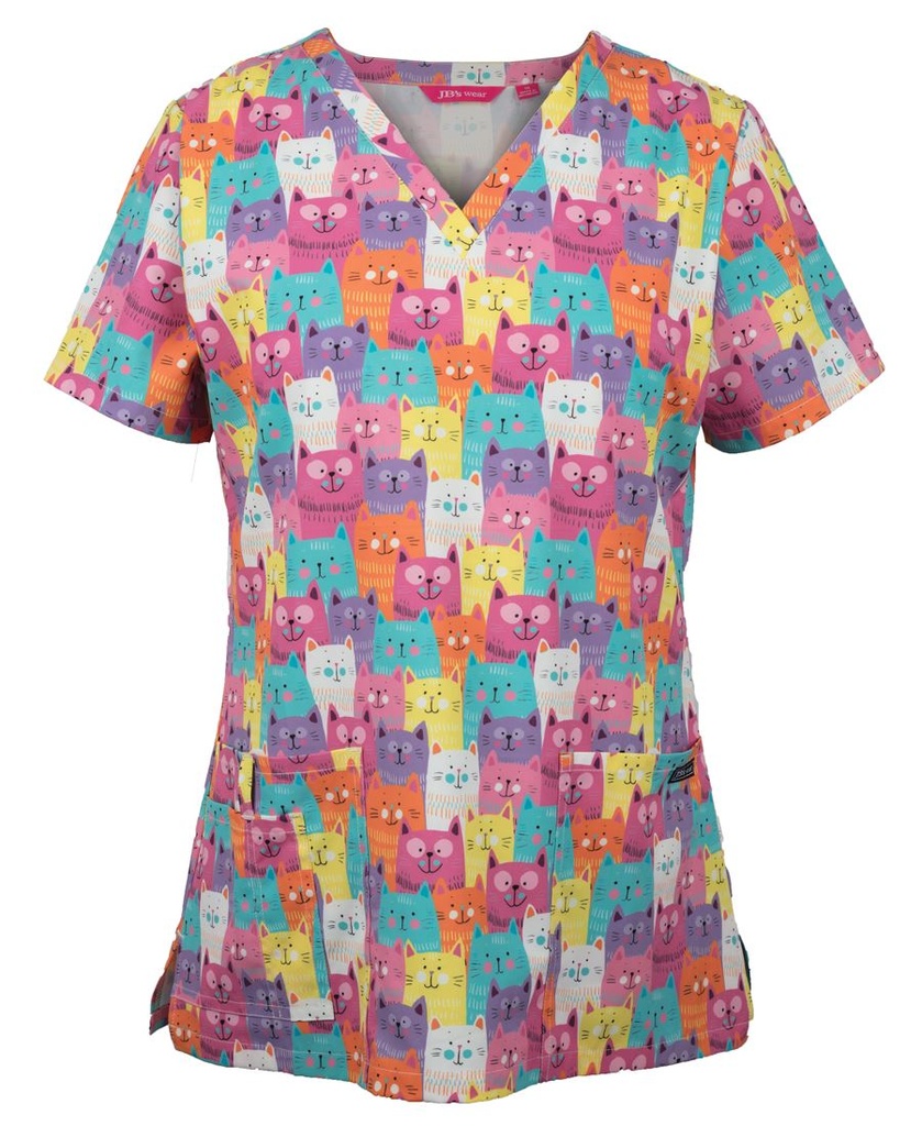 [4STP1_CAT PRINT_6] JB'S - [4STP1] LADIES SCRUB TOP PRINTED (CAT PRINT, 6)