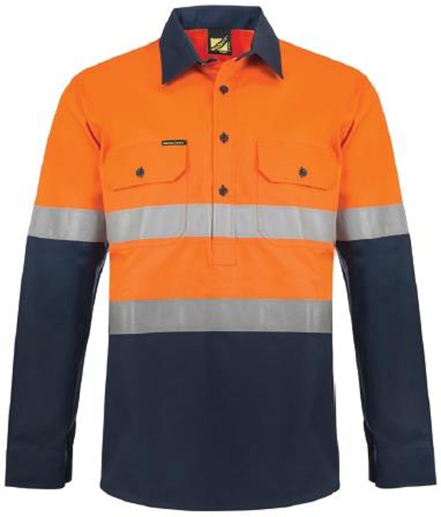 [WS6033_ORANGE/NAVY_XS] WORKCRAFT - [WS6033] HI VIS CLOSED FRONT COTTON DRILL REFLECTIVE SHIRT WITH SEMI GUSSET SLEEVES (ORANGE/NAVY, XS)