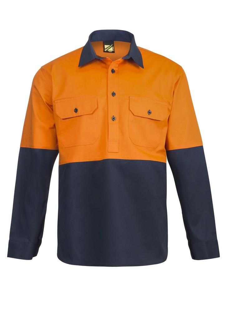 [WS4256_ORANGE/NAVY_XS] WORKCRAFT - [WS4256] HI VIS CLOSED FRONT COTTON DRILL SHIRT WITH SEMI GUSSET SLEEVES (ORANGE/NAVY, XS)