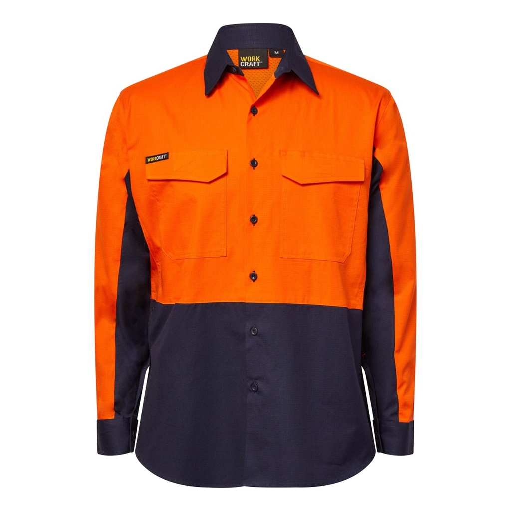 [WS6066_ORANGE/NAVY_XS] WORKCRAFT - [WS6066] HI VIS LONG SLEEVE VENTED RIPSTOP SHIRT (ORANGE/NAVY, XS)