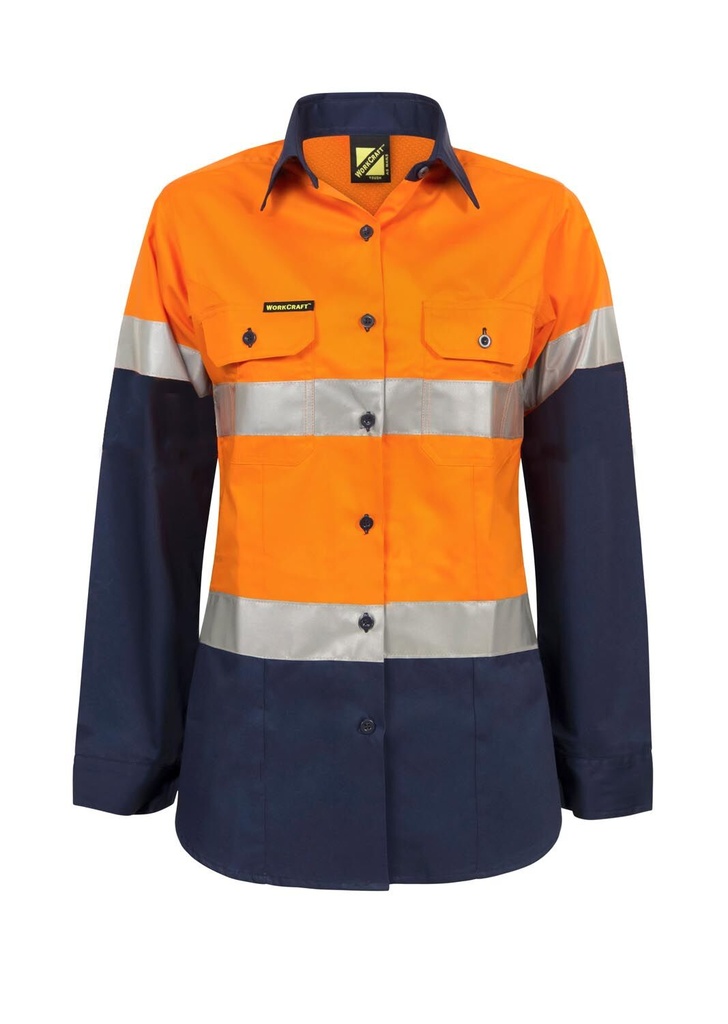 [WSL501_ORANGE/NAVY_6] WORKCRAFT - [WSL501] LADIES LIGHTWEIGHT HI VIS LONG SLEEVE VENTED REFLECTIVE COTTON DRILL SHIRT (ORANGE/NAVY, 6)