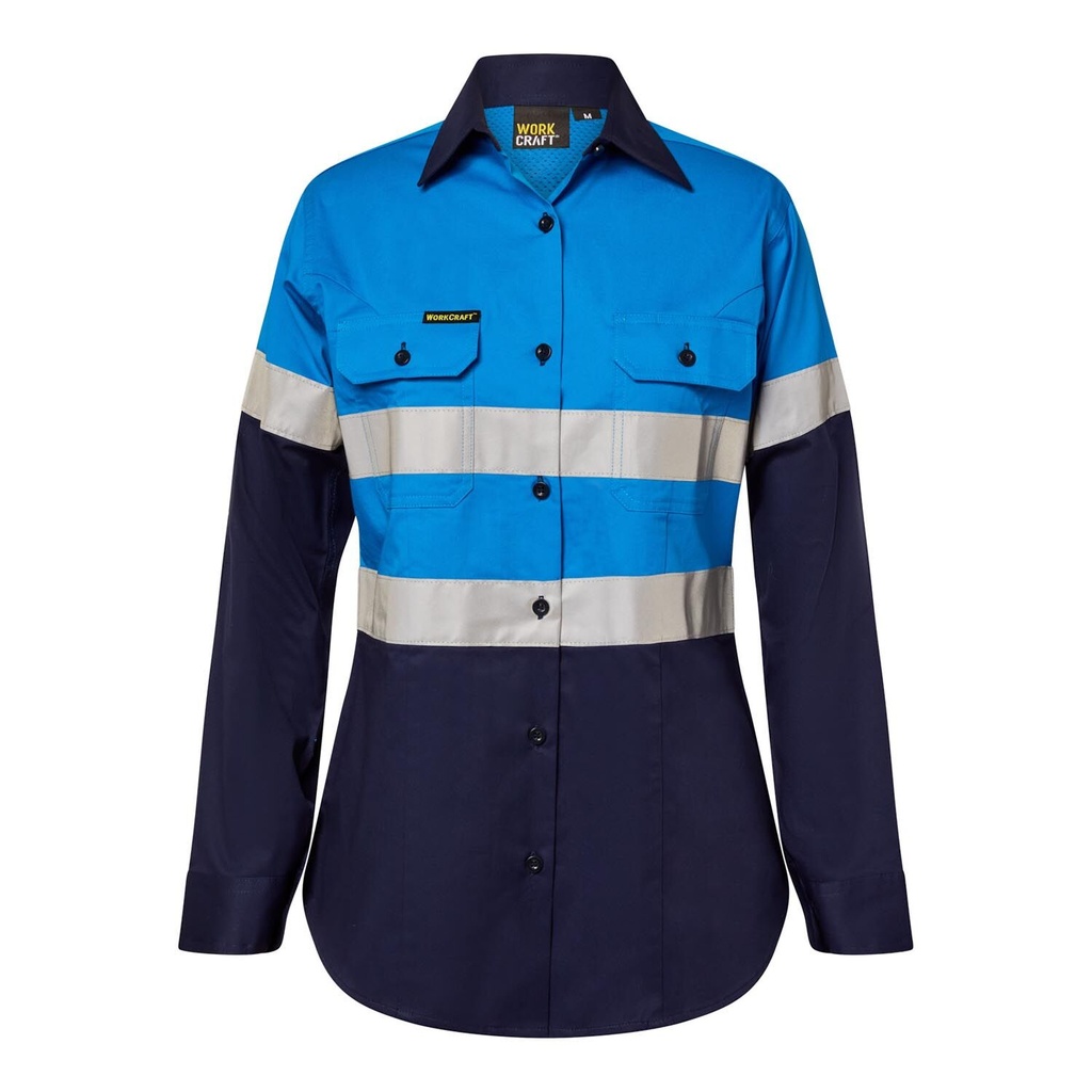 [WSL503_ELECTRIC BLUE/NAVY_6] WORKCRAFT - [WSL503] LADIES LIGHTWEIGHT HI VIS LONG SLEEVE VENTED REFLECTIVE COTTON DRILL SHIRT NIGHT USE ONLY (ELECTRIC BLUE/NAVY, 6)