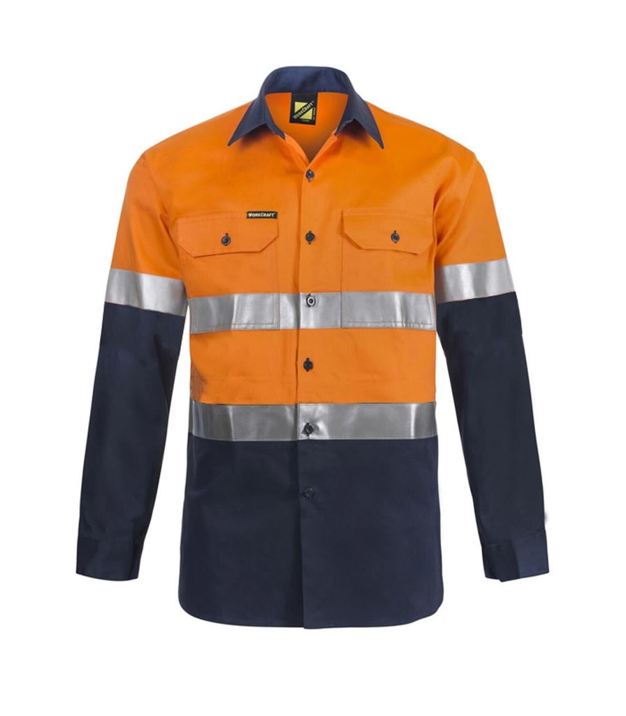 [WS6030_ORANGE/NAVY_XS] WORKCRAFT - [WS6030] LIGHT WEIGHT HI VIS LONG SLEEVES VENTED COTTON DRILL REFLECTIVE SHIRT (ORANGE/NAVY, XS)