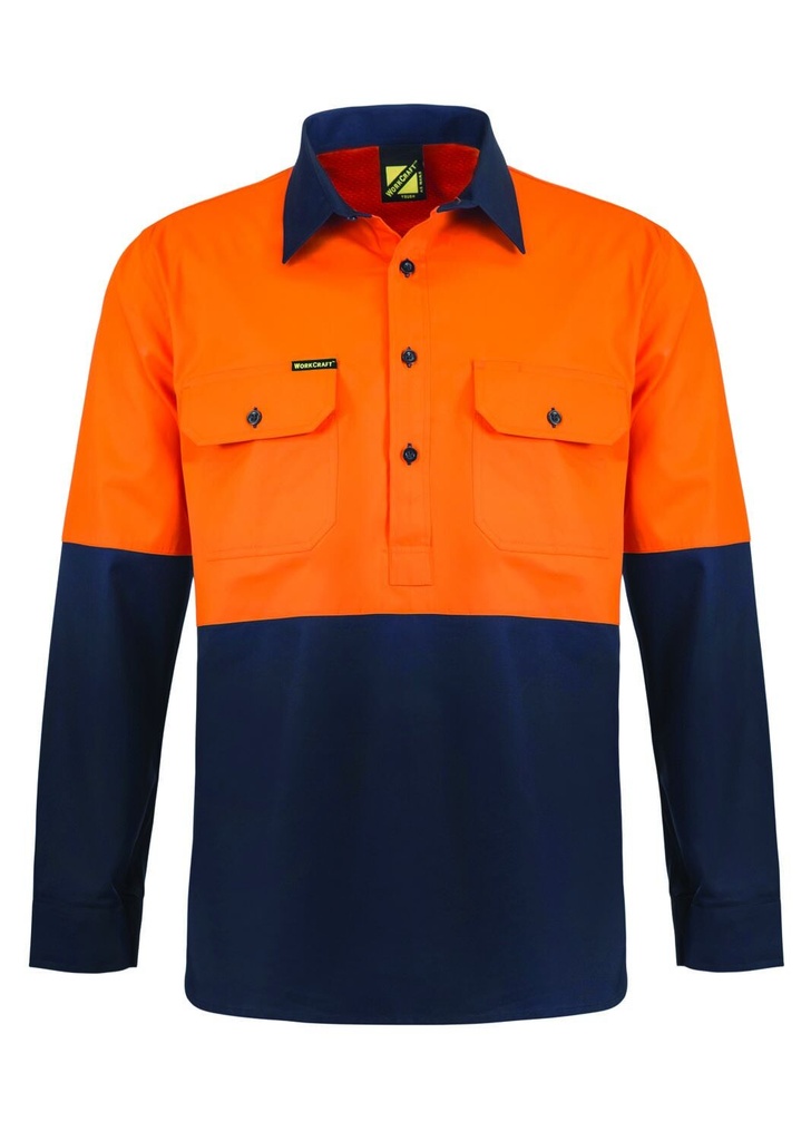 [WS4255_ORANGE/NAVY_XS] WORKCRAFT - [WS4255] LIGHTWEIGHT HI VIS CLOSED FRONT VENTED COTTON DRILL SHIRT WITH SEMI GUSSET SLEEVES (ORANGE/NAVY, XS)