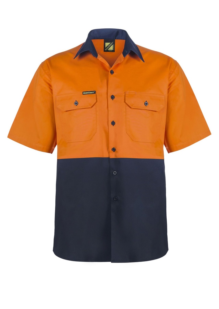 [WS4248_ORANGE/NAVY_XS] WORKCRAFT - [WS4248] LIGHTWEIGHT HI VIS SHORT SLEEVE VENTED COTTON DRILL SHIRT (ORANGE/NAVY, XS)