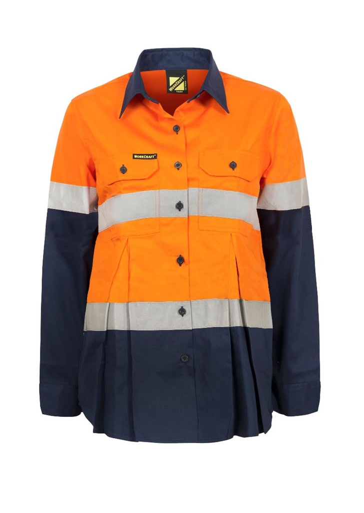 [WSL601_ORANGE/NAVY_6] WORKCRAFT - [WSL601] MATERNITY LIGHTWEIGHT HI VIS LONG SLEEVE VENTED REFLECTIVE COTTON DRILL SHIRT (ORANGE/NAVY, 6)